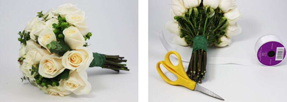 wrapped flowers bouquet stems with ribbon