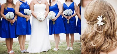 Hydrangea bouquets and Stephanotis in hair